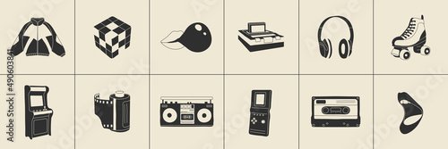 Classic 80s-90s elements in modern style flat, line style. Hand drawn vector illustration: jacket, cube, lips, headphones, roller skate, cassette, recorder, camera roll. Fashion patch, badge, emblem.