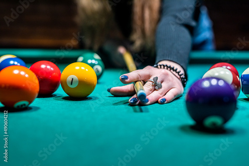 American snooker dilliard balls on the pool table photo