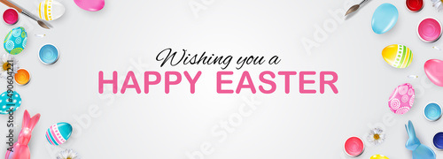 Easter poster template with 3d realistic Easter eggs and paint. Template for ...