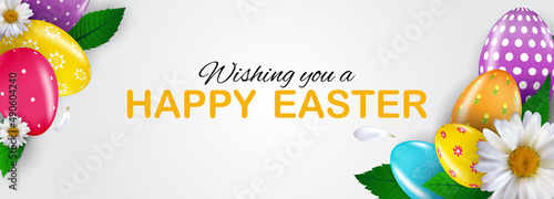 Easter poster template with 3d realistic Easter eggs and paint. Template for ...