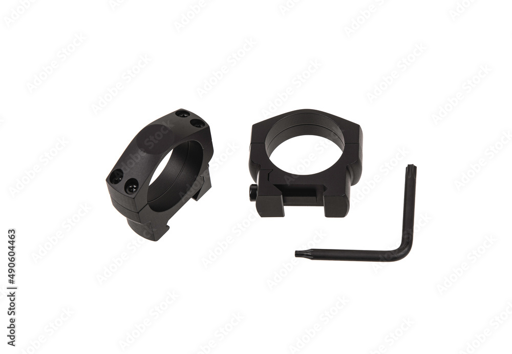 Obraz premium Quick disconnect mount made for holding a scope on a rifle isolated on white back. Quick Release Sniper Cantilever Scope Mount.