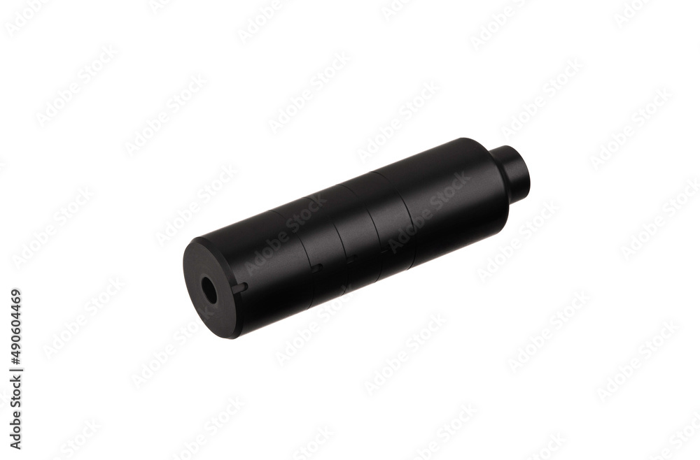 Black silencer for weapons. Suppressor that is at the end of an assault rifle. Isolate on a white back. Black silencer for weapons. Suppressor that is at the end of an assault rifle. Isolate on a white back.