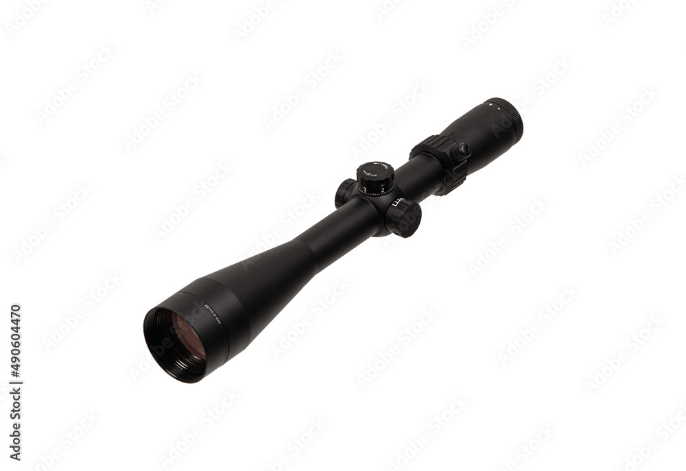 Modern black optical sight. Optical device for aiming at long distances. Isolate on a white back Modern black optical sight. Optical device for aiming at long distances. Isolate on a white back