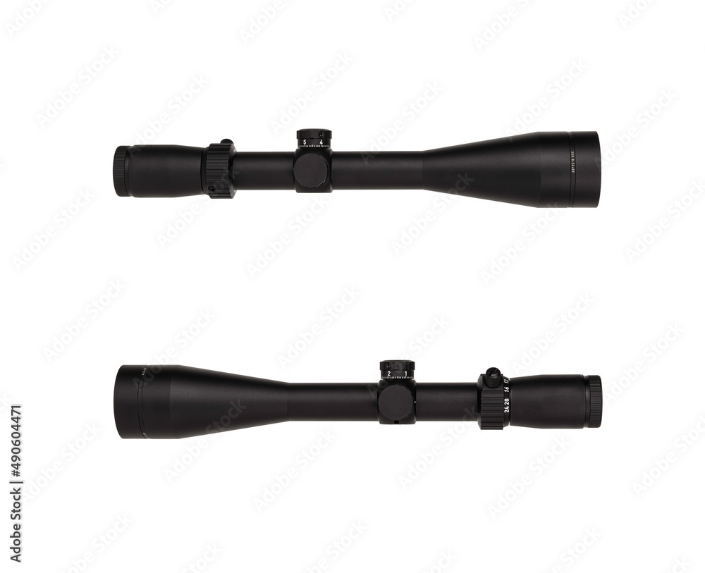 Modern black optical sight. Optical device for aiming at long distances. Isolate on a white back Modern black optical sight. Optical device for aiming at long distances. Isolate on a white back