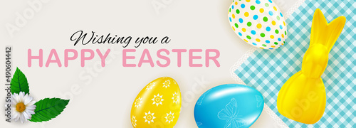 Easter poster template with 3d realistic Easter eggs and paint. Template for ...