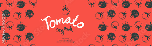 Banner organic ingredients, template design for healthy food concept, vegetarian food banner with red tomatoes background, eco store and farmers market. Tomato pattern for homemade cooking courses.