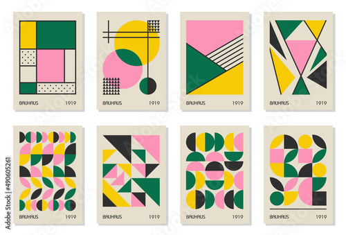 Set of 8 minimal vintage 20s geometric design posters, wall art, template, layout with primitive shapes elements. Bauhaus retro pattern background, vector abstract circle, triangle and square line art