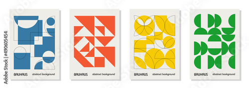 Set of 4 minimal vintage 20s geometric design posters, wall art, template, layout with primitive shapes elements. Bauhaus retro pattern background, vector abstract circle, triangle and square line art photo