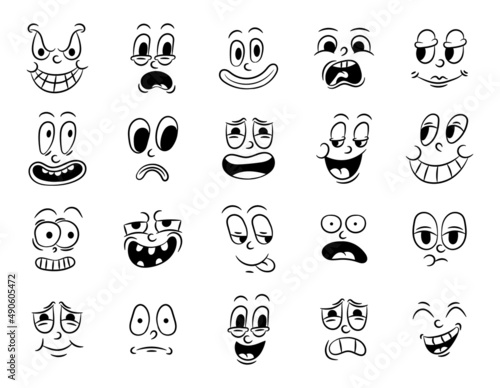 Collection of old retro traditional cartoon animation. Vintage faces of people with different emotions of the 20s 30s. Emoji character expressions 50s 60s. Head faces design elements in comic style