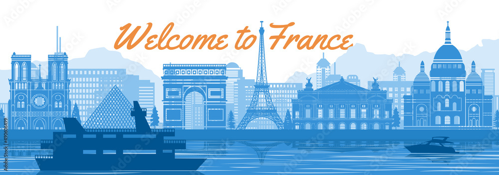 France famous landmark with blue and white color design,vector illustration