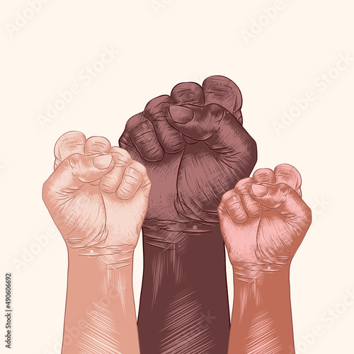 Vector engraved gestures collection for posters, decoration, banners. Hand drawn sketches of human fists in colorful.  Rights support and solidarity, people of different races, inclusive concept