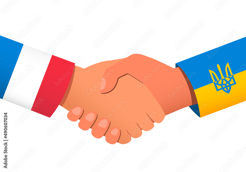 Handshake between France and Ukraine as a symbol of financial or political relations and assistance. Vector illustration EPS 10 Handshake between France and Ukraine as a symbol of financial or political relations and assistance. Vector illustration EPS 10