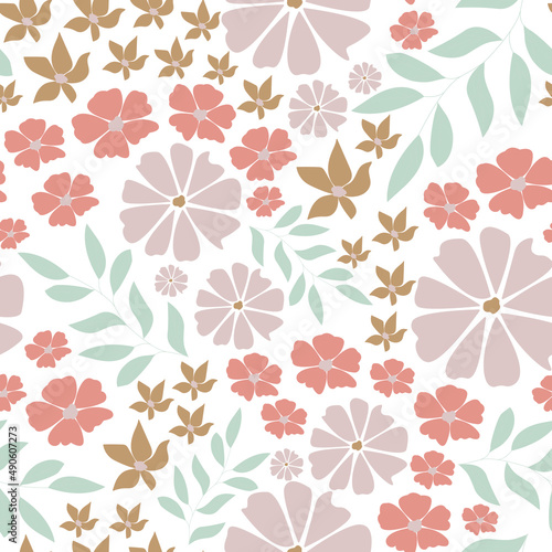 Flowers seamless pattern. Cute floral background. Spring meadow with flowers and leaves. Liberty style. Botanical vector illustration.