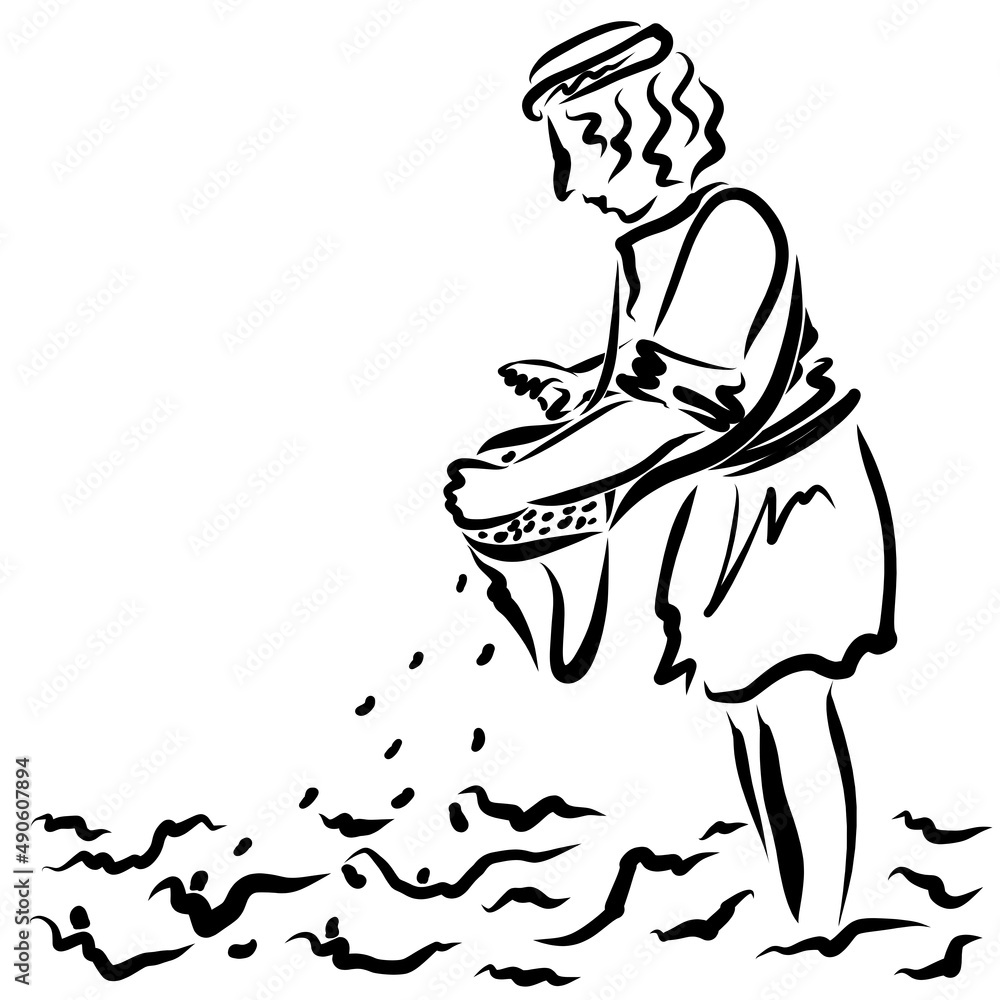 sower in the field sows the seed, the peasant or the Bible parable, black outline