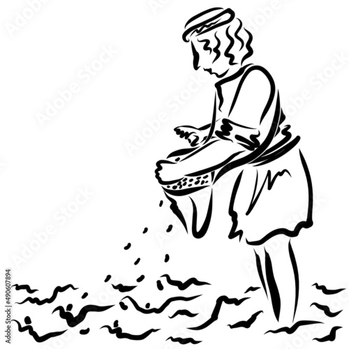 sower in the field sows the seed, the peasant or the Bible parable, black outline