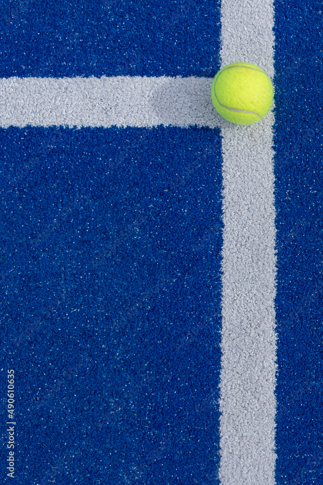 Close-up of a tennis ball on the white line of a paddle tennis court