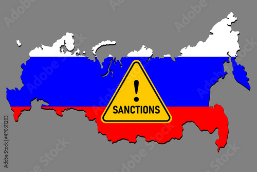 Sanctions Russia. A sign warning about sanctions against the background of a map of the Russian Federation painted in the color of the flag. Economic isolation of Russia. Sanctions vector illustration