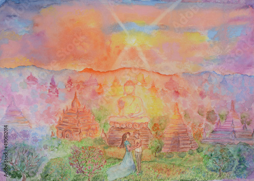 Painting of a couple near temples and blessing Buddha statue during beautiful sunset