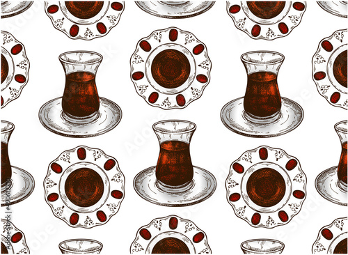 Sketch drawing pattern of traditional Turkish hot black tea in glass cup isolated on transparent background. Engraved Arabian brewed drink wallpaper. Tulip shape mug, pot. Vintage vector illustration.