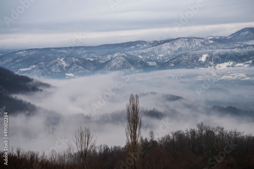 Fototapeta Naklejka Na Ścianę i Meble -  Beautiful scenic view of snow covered mountains and forest in Serbia.