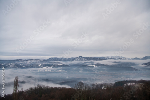 Beautiful scenic view of snow covered mountains and forest in Serbia.