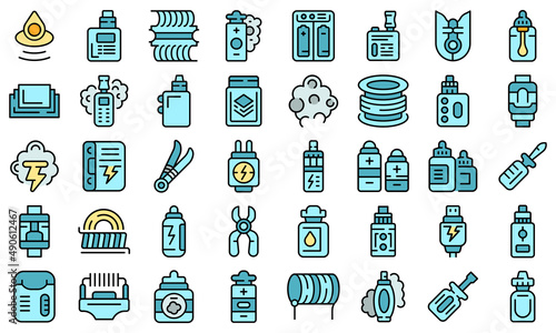E-cigarette accessories icons set outline vector. Liquid cotton. Vape smoke