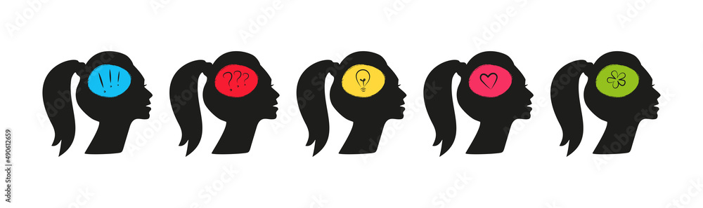 Set of icons for psychology and mental health concept. Silhouette of a ...
