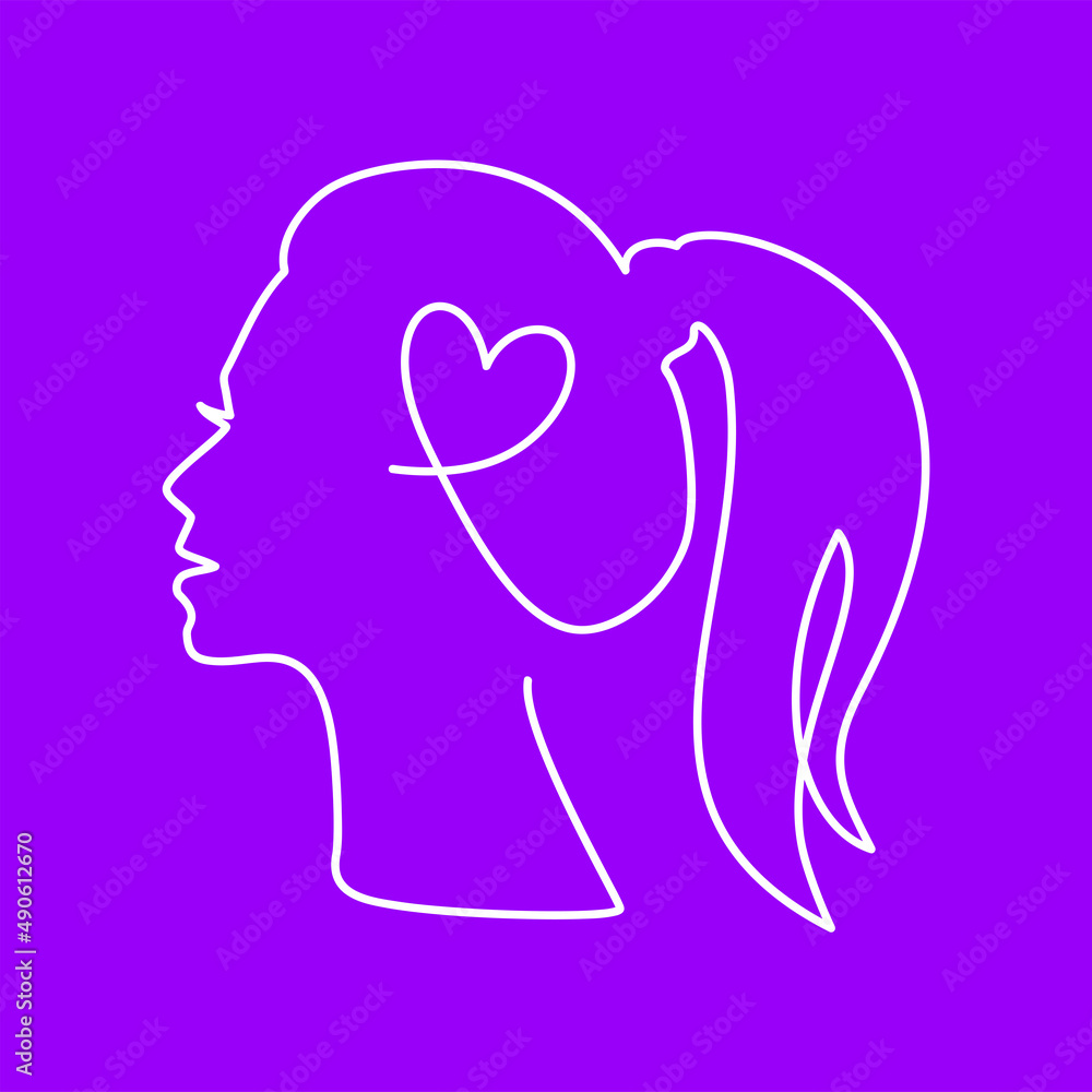 Woman mental health concept. Self love, self acceptance. Silhouette of a feminine head with a heart inside, like a brain, in line art style. Vector illustration on isolated purple background. Woman mental health concept. Self love, self acceptance. Silhouette of a feminine head with a heart inside, like a brain, in line art style. Vector illustration on isolated purple background.
