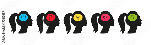 Set of icons for psychology and mental health concept. Silhouette of a female head with a heart, a flower, a light bulb, question and exclamation marks, like brain. Self love, decision making, ideas