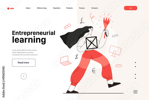 Startup illustration, website landing template. Flat line vector modern concept illustration, startup metaphor. Concept of building new business, strategy, company processes. Entrepreneurial learning