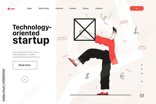 Startup illustration, website landing template Flat line vector modern concept illustration, startup metaphor. Concept of building new business, strategy, company processes Technology oriented startup