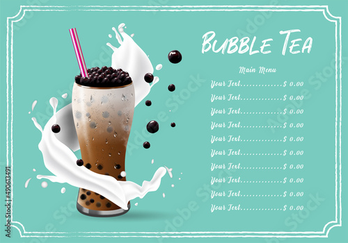 Bubble milk tea, Pearl milk tea , Different sorts of Boba. Yummy drinks. Ads with delicious tapioca.  Restaurant cafe menu, template design. Food flyer. Chalk board, retro menu restaurant poster. 