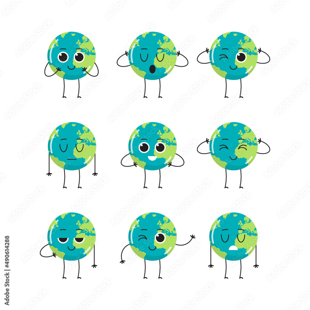 Obraz premium Cute earth characters different emotions and cartoon mascot globe collection set flat vector illustration. 
