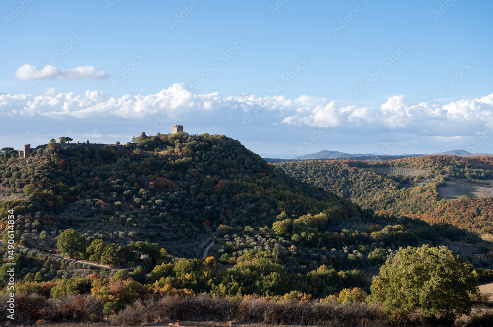 Panoramic view on hills near Pienza, Tuscany, Italy. Tuscan landscape with cypress trees, vineyards, forests and ploughed fields in autumn.
