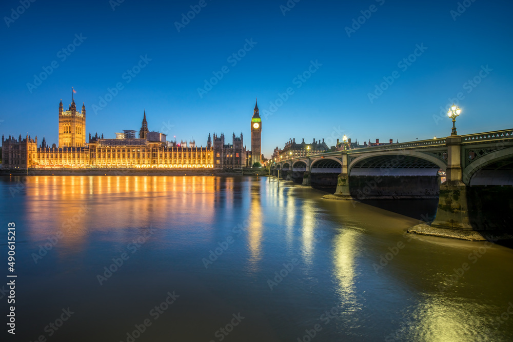 Palace of Westminster with Big Ben and Westminster Bridge at night, London, United Kingdom