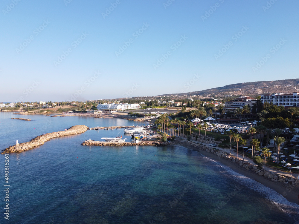 Aerial view on Coral bay in Peyia, Mediterranean sea near Paphos, Cyprus, Coral beach at morning