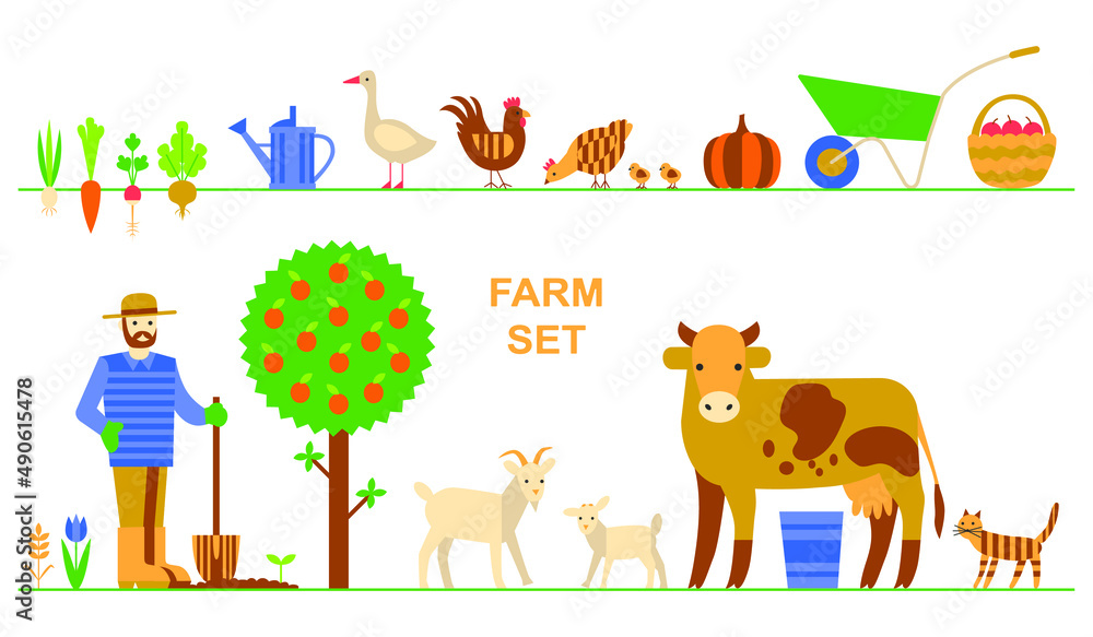 Set of farm characters and items. Сow, cat, farmer, chicken, rooster, chickens, goose, goat, vegetables, apple tree, wheelbarrow, basket, pumpkin. Flat vector illustration isolated on white background Set of farm characters and items. Сow, cat, farmer, chicken, rooster, chickens, goose, goat, vegetables, apple tree, wheelbarrow, basket, pumpkin. Flat vector illustration isolated on white background