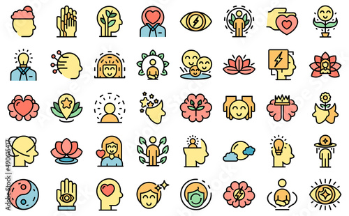 Mindfulness icons set outline vector. Mind stress. Relax peace