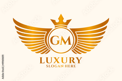 Luxury royal wing Letter GM crest Gold color Logo vector, Victory logo, crest logo, wing logo, vector logo template.