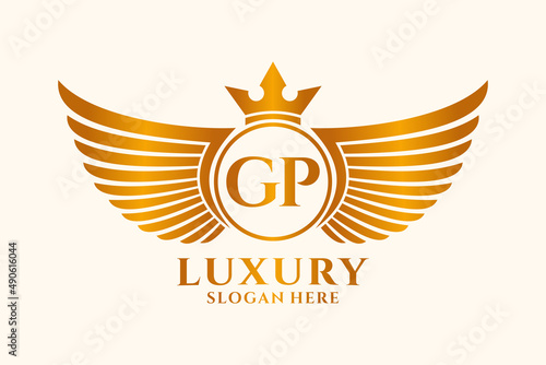 Luxury royal wing Letter GP crest Gold color Logo vector, Victory logo, crest logo, wing logo, vector logo template.