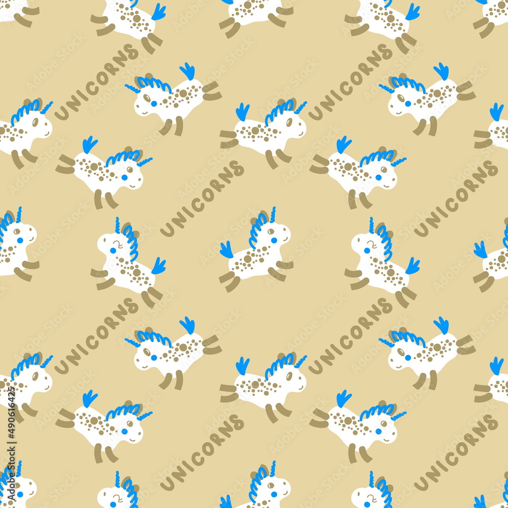 Fototapeta premium Hand drawn seamless pattern with unicorns and text. Perfect for T-shirt, textile and print. Doodle illustration for decor and design.
