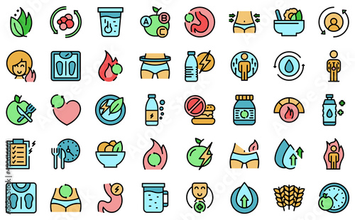 Metabolism icons set outline vector. Torso health. Detox balance
