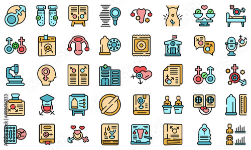 Sex education icons set outline vector. Adult aids. Education control