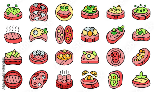 Bruschetta icons set outline vector. Food cheese. Dish italian