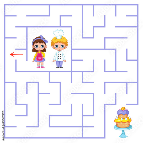 Cute little girl and boy are looking for the way to the cake through the maze. Children dressed as chefs, confectioners or bakers. Find a way out of the maze. Educational game for children. Cartoon