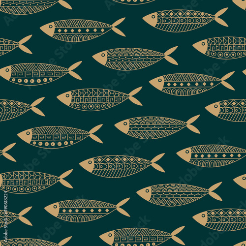 Decorative Fishes with traditional Mexican Indians Ethnic Ornament Seamless Pattern. Aztec, Mayan, Inca, Ancient tribal style texture. Sea Animal. Outline Hand drawn Marine Life vector background