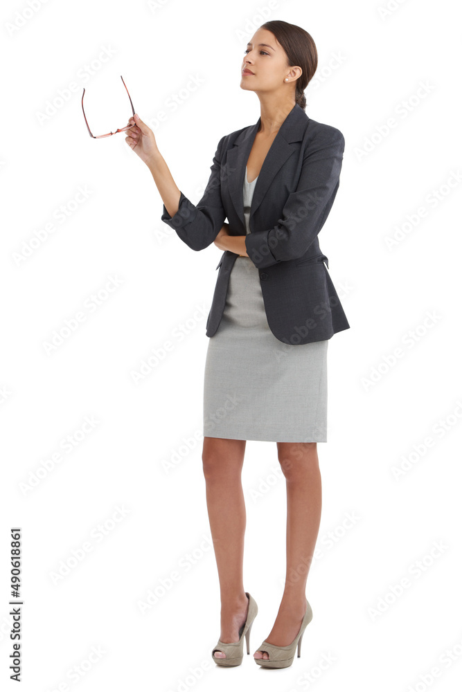 Shes got both feet firmly on the ground in business. Studio shot of a young businesswoman isolated on white. Shes got both feet firmly on the ground in business. Studio shot of a young businesswoman isolated on white.