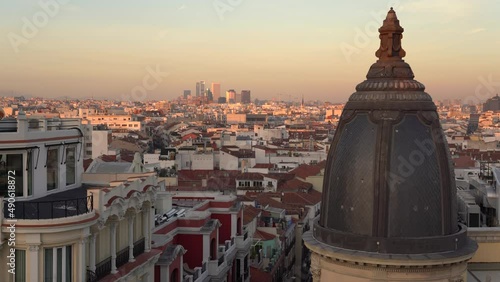 Panoramic view of the center of the capital city of Madrid at sunset, Spain.