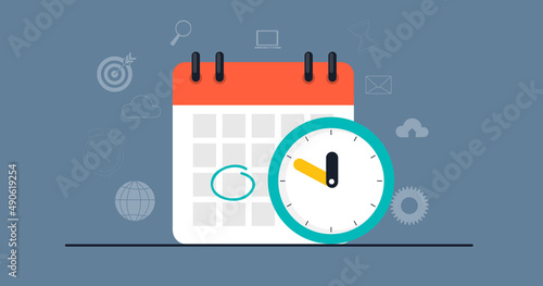 Time management concept with calendar date and clock icon. Illustration.