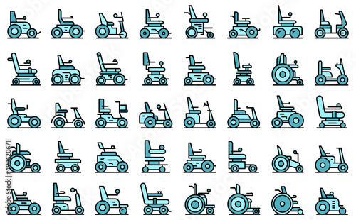 Electric wheelchair icons set outline vector. Adult battery. Care disability